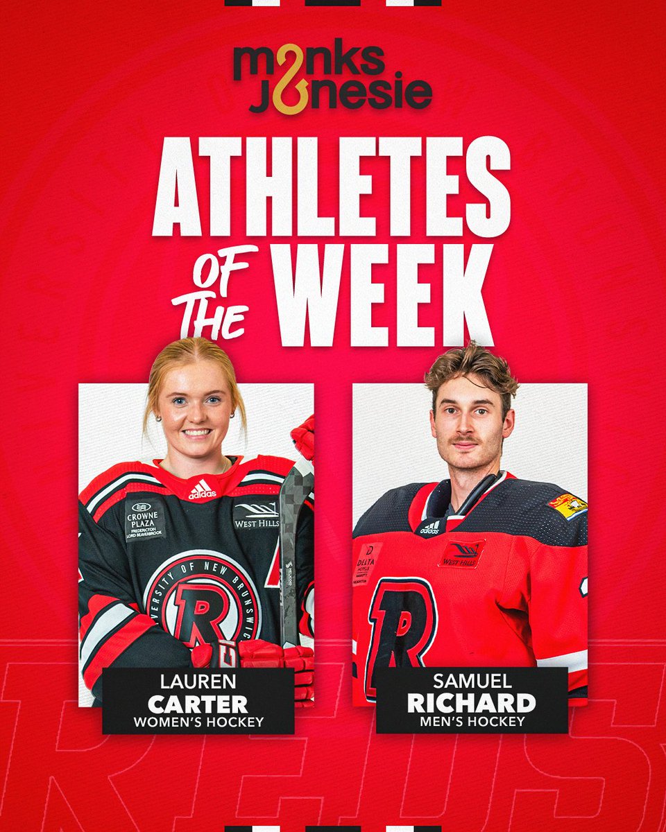 UNB REDS (@unbathletics) on Twitter photo Congratulations to our Student-Athletes of the Week, presented by Monks & Jonesie! 👏
🏒 Lauren Carter | <a href="/UNBWHockey/">UNB REDS Women's Hockey</a>
📑 Read about her standout performance: bit.ly/3RezToZ
🏒 Samuel Richard | <a href="/UNBMHockey/">UNB Men’s Hockey</a>
Learn more about his incredible performance: Congratulations to our Student-Athletes of the Week, presented by Monks & Jonesie! 👏
🏒 Lauren Carter | <a href="/UNBWHockey/">UNB REDS Women's Hockey</a>
📑 Read about her standout performance: bit.ly/3RezToZ
🏒 Samuel Richard | <a href="/UNBMHockey/">UNB Men’s Hockey</a>
Learn more about his incredible performance: