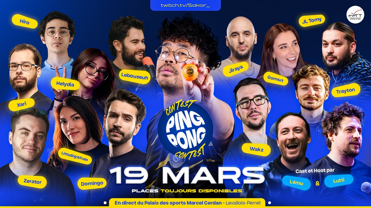 Voici la liste complète des invités du Ping Pong Contest 🔥

Bienvenue à <a href="/lemutweet/">Lému</a> &amp; <a href="/LuttiLutti_/">Lutti</a> qui vont cast et host le tournoi avec moi 🫶

Ça va être incroyable j'ai vraiment trop hâte !

Vous pouvez toujours y assister en prenant vos places ici : my.weezevent.com/pingpongcontest
