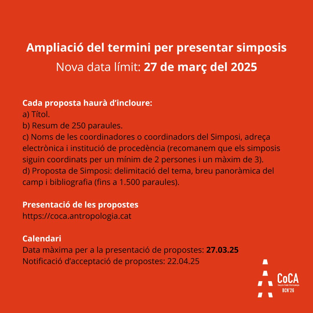 📢 Ampliació del termini per presentar simposis!

📅 Nova data límit: 27 de març del 2025

📌 Envia la teva proposta aquí: 👉 coca.antropologia.cat/propostes-de-s…

#Antropologia #CongrésCatalàAntropologia #Simposis #Investigació #UB