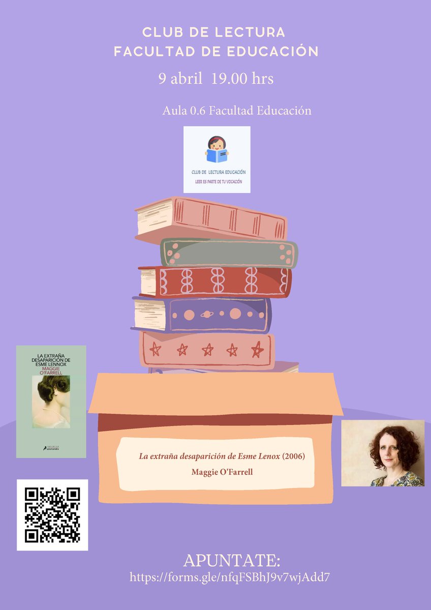 📢📢Nueva sesión del club de lectura de la Facultad de Educación, con la novela La extraña desaparición de Esme Lenox (2006) de Maggie O'Farrell.
📅miércoles 9 de abril
⏱️19.00 hrs
📍aula 0.6 de la Facultad de Educación