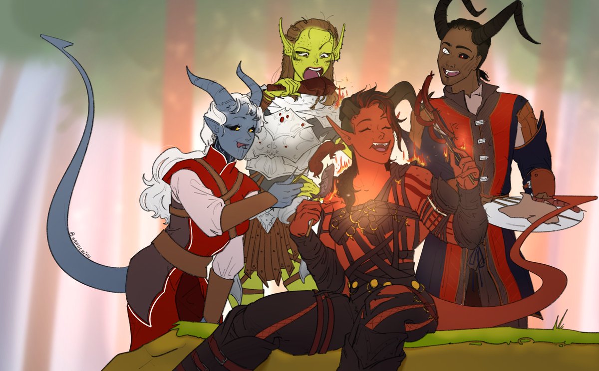 short rest (+ a snack break) 

#bg3 #karlach #wyll #laezel #tav