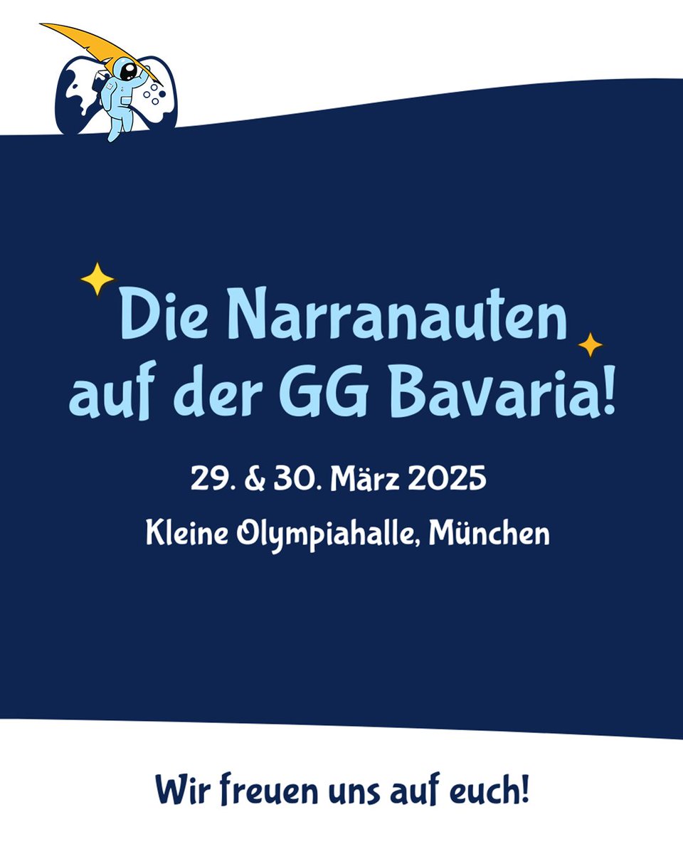 Wir sind mit einem Stand auf der <a href="/ggbavariacon/">GG Bavaria</a>! 😍🎉Schaut gerne vorbei, plaudert mit uns über Narrative Design, schnappt euch niedliche Sticker oder bastelt mit unseren Narranauten Marcus und Barbara an einer interaktiven Twine-Story. 🥰 Wir freuen uns auf euch! ❤️ #ggbavaria