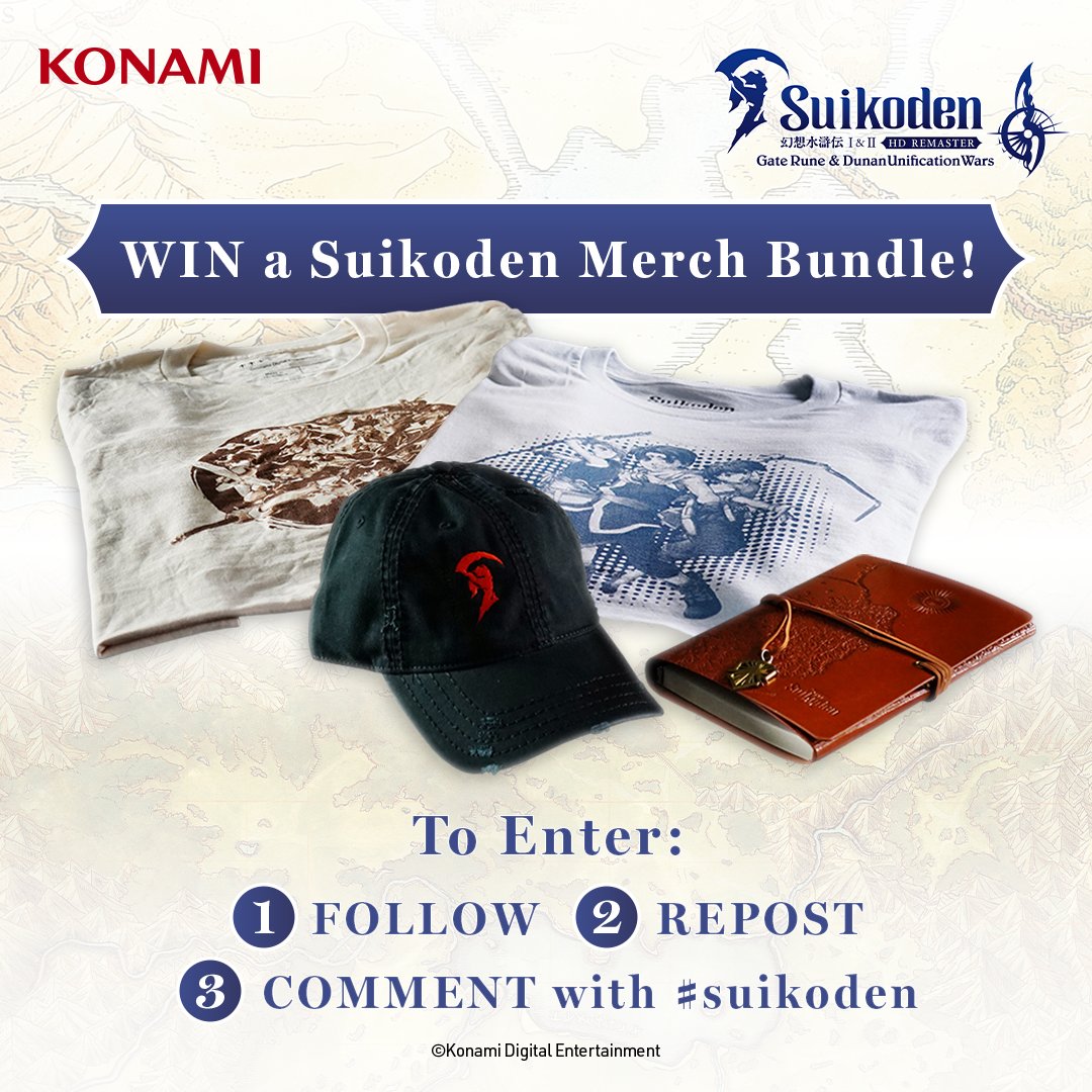 KONAMI UK (@konamiuk) on Twitter photo Want to #WIN an official #Suikoden <a href="/OKSGEAR/">OKS GEAR❗️</a> merch bundle? 🤩
To enter:
⭐ FOLLOW us
⭐ REPOST this post
⭐ COMMENT with #Suikoden
#Competition closes at 12:00 UTC on 24/03/2025.
T&Cs: konami.com/games/eu/en/to… Want to #WIN an official #Suikoden <a href="/OKSGEAR/">OKS GEAR❗️</a> merch bundle? 🤩
To enter:
⭐ FOLLOW us
⭐ REPOST this post
⭐ COMMENT with #Suikoden
#Competition closes at 12:00 UTC on 24/03/2025.
T&Cs: konami.com/games/eu/en/to…