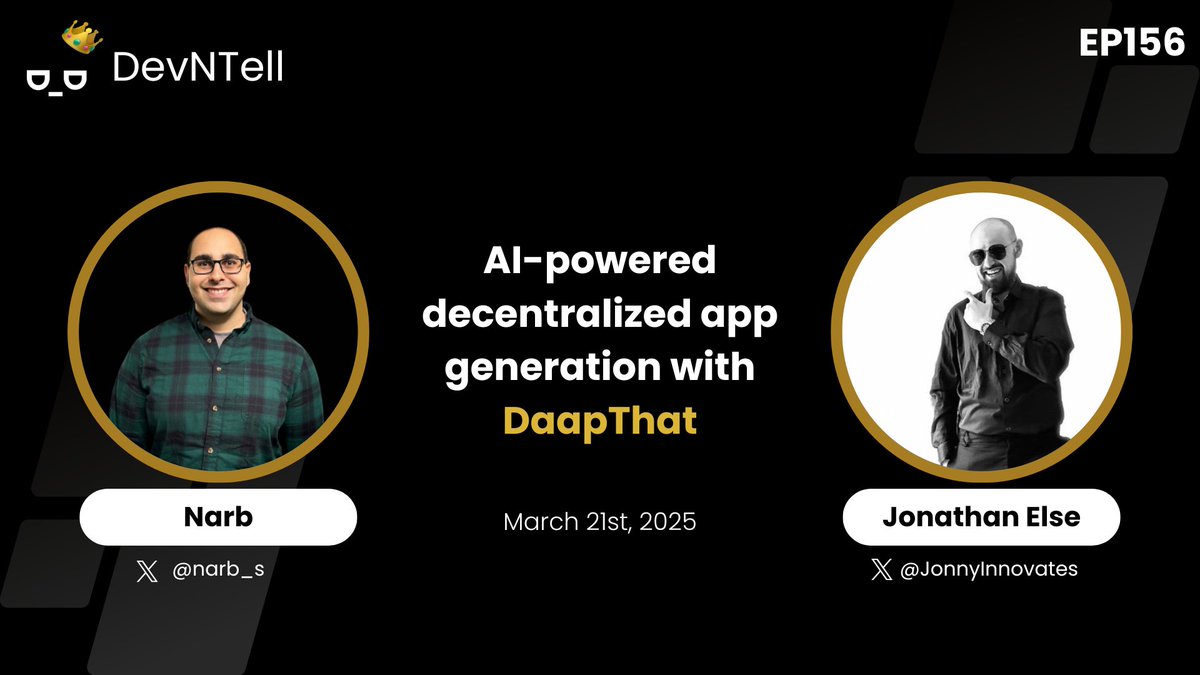 🎙️ Ready to learn how build you next Dapp 1000x faster?

📆 On Mar 21st we'll be joined by <a href="/DappThatAI/">DappThat</a> Core Dev <a href="/JonnyInnovates/">JonnyInnovates</a>

ℹ️ Jonny will give us an overview of DappThat and show us how we can get started using it today to build Dapps 1000x faster 🙌

Link to RSVP in next