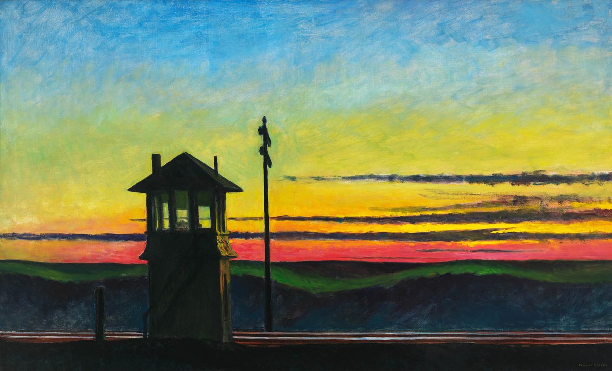 Edward Hopper’ın tablolarına bakarken aklımıza şöyle sorular gelebilir: Bir şey oldu mu, olacak mı, yoksa her şey böyle mi kalacak? “Railroad Sunset” de bu gerilimi taşır. Resimde bir tren görünmez ancak demiryolu ve kulübe bize bir trenin geçtiğini ya da geleceğini düşündürür.