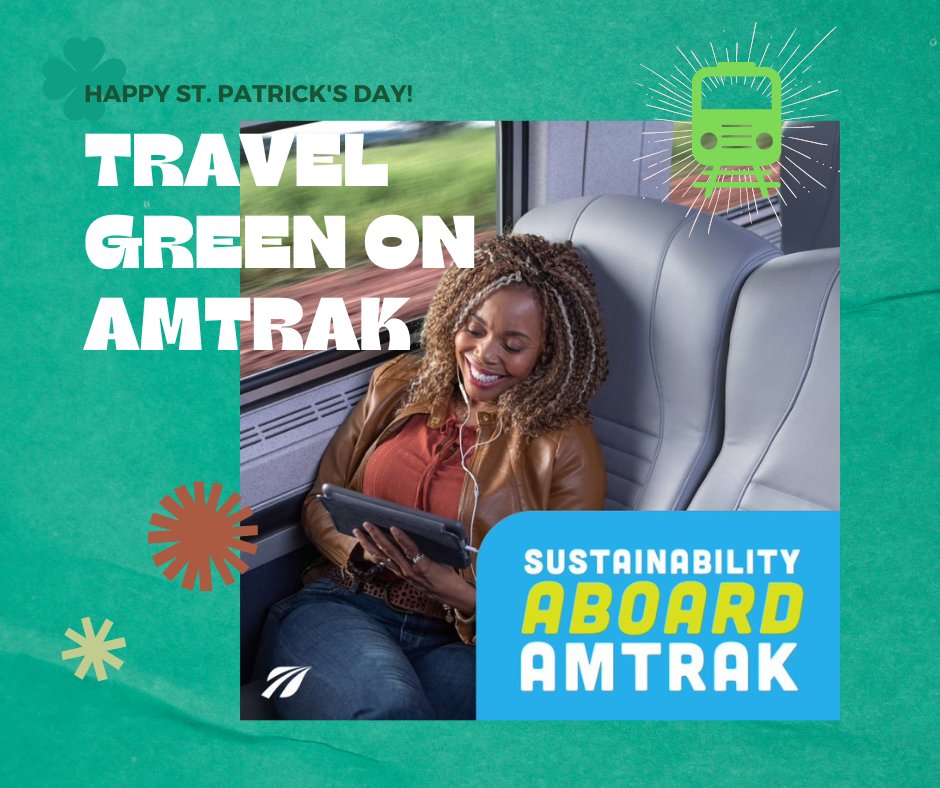 Travel green on Amtrak! Train travel makes it easy to stay green, using 30 percent less energy per passenger mile than cars and 20 percent less than planes.