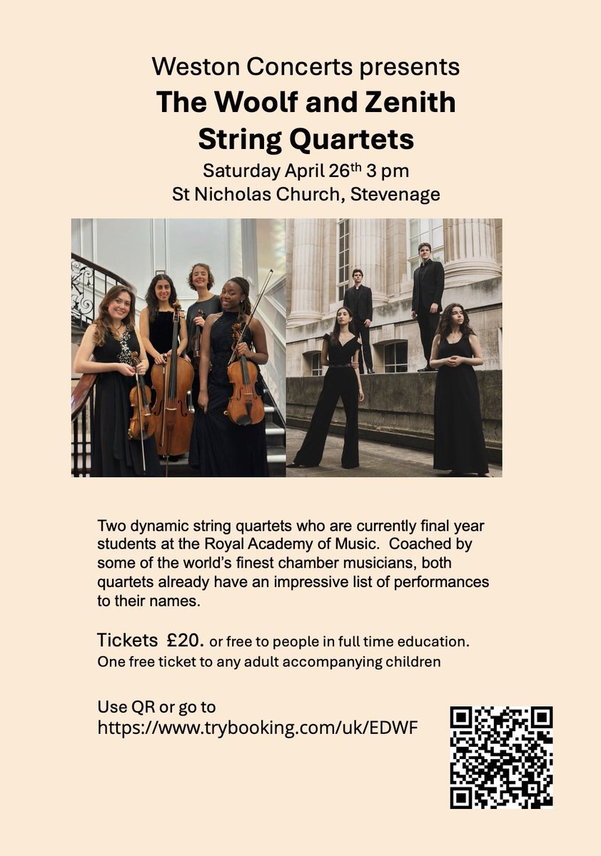 Our next concert introduces you to two exceptional young string quartets, currently studying for their finals at <a href="/RoyalAcadMusic/">Royal Academy of Music</a> Please come along and support them and us! #woolfquartet #zenithquartet
