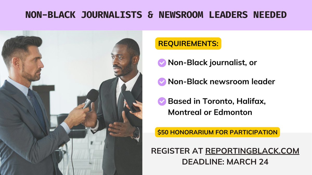Reporting Black | Reportage Noir.e.s (@reporting_black) on Twitter photo 📢 Attention journalists & newsroom leaders! <a href="/reporting_black/">Reporting Black | Reportage Noir.e.s</a> wants to hear from non-Black journalists & newsroom leaders about engaging in stories on Black communities.
Your insights will help shape better guidelines & practices. reportingblack.com📝 📢 Attention journalists & newsroom leaders! <a href="/reporting_black/">Reporting Black | Reportage Noir.e.s</a> wants to hear from non-Black journalists & newsroom leaders about engaging in stories on Black communities.
Your insights will help shape better guidelines & practices. reportingblack.com📝