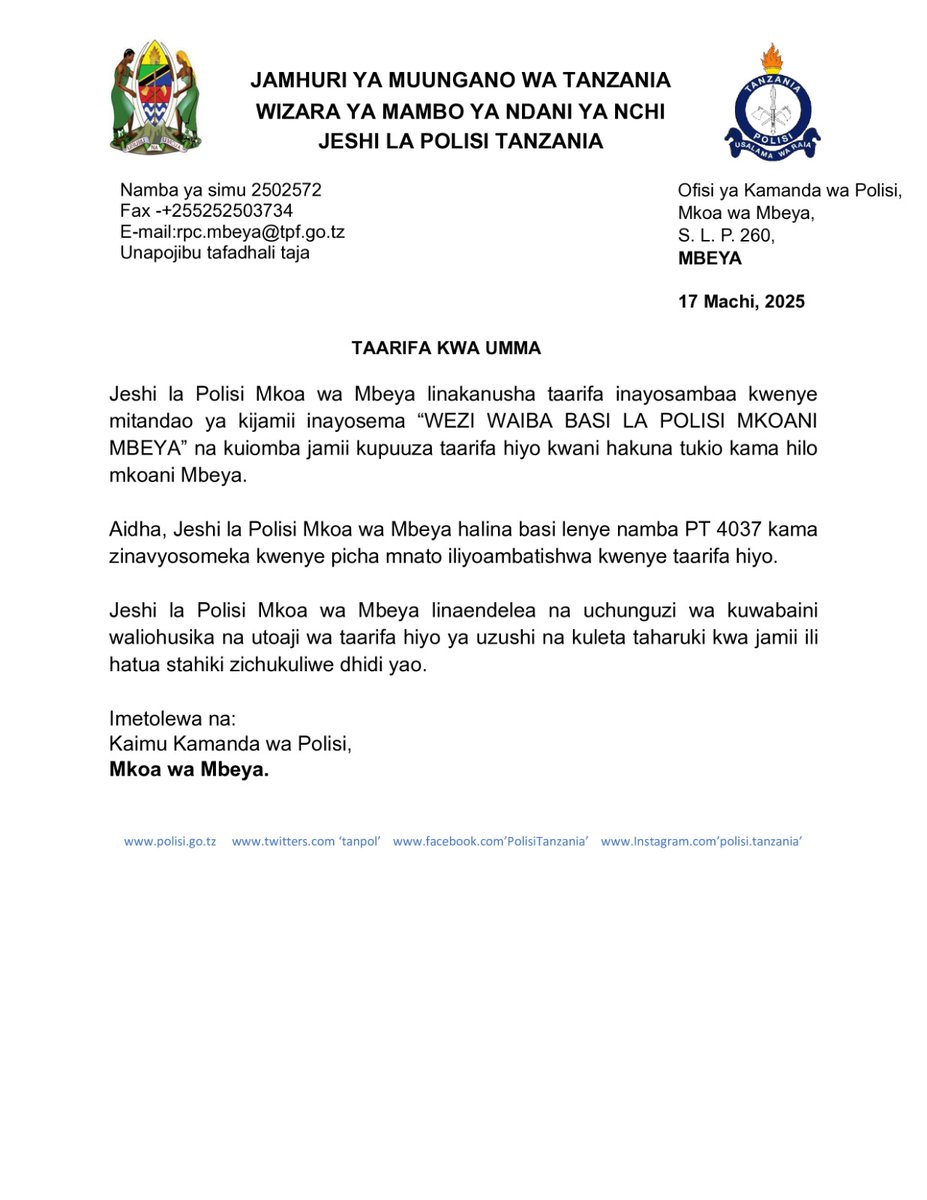 HAKUNA BASI LA POLISI LILILOIBWA MKOANI MBEYA