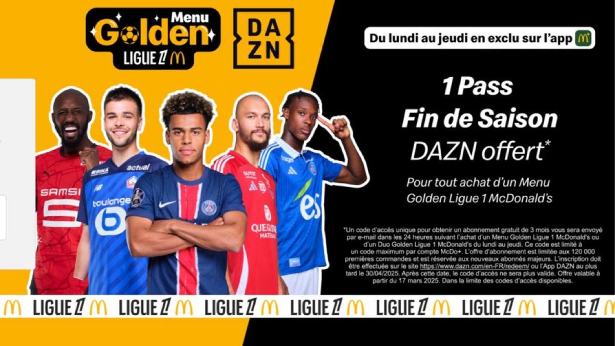 📺⚽️🍔 Un pass fin de saison DAZN offert pour un Golden Menu acheté au McDo, ça représente un cadeau de 35 euros. C’est autre chose que le jouet Happy Meal…

DAZN peut espérer récupérer 120 000 abonnés et faire gonfler son chiffre pour trois mois. Après, il faudra les conserver.