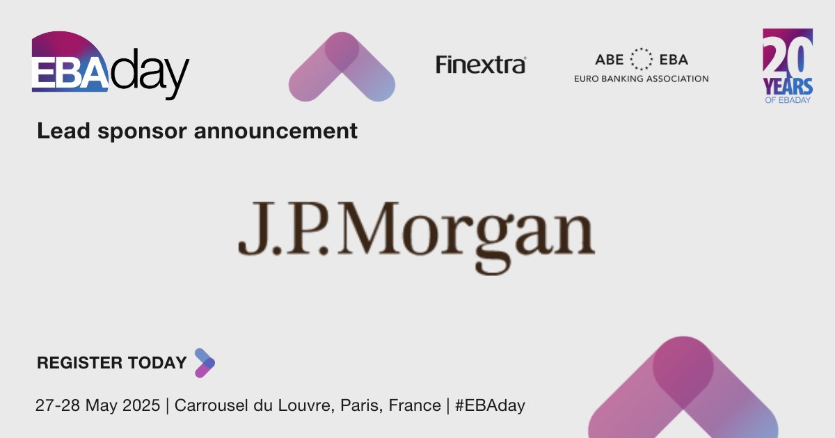 EBAday (@ebaday) on Twitter photo We're thrilled to announce <a href="/jpmorgan/">J.P. Morgan</a> as a lead sponsor for EBAday 2025! π
J.P. Morgan's commitment to payments innovation makes them a perfect partner for EBAday 2025
Join us on the 27-28 May in Paris and register today: ebaday.com/register
#EBAday2025 We're thrilled to announce <a href="/jpmorgan/">J.P. Morgan</a> as a lead sponsor for EBAday 2025! π
J.P. Morgan's commitment to payments innovation makes them a perfect partner for EBAday 2025
Join us on the 27-28 May in Paris and register today: ebaday.com/register
#EBAday2025
