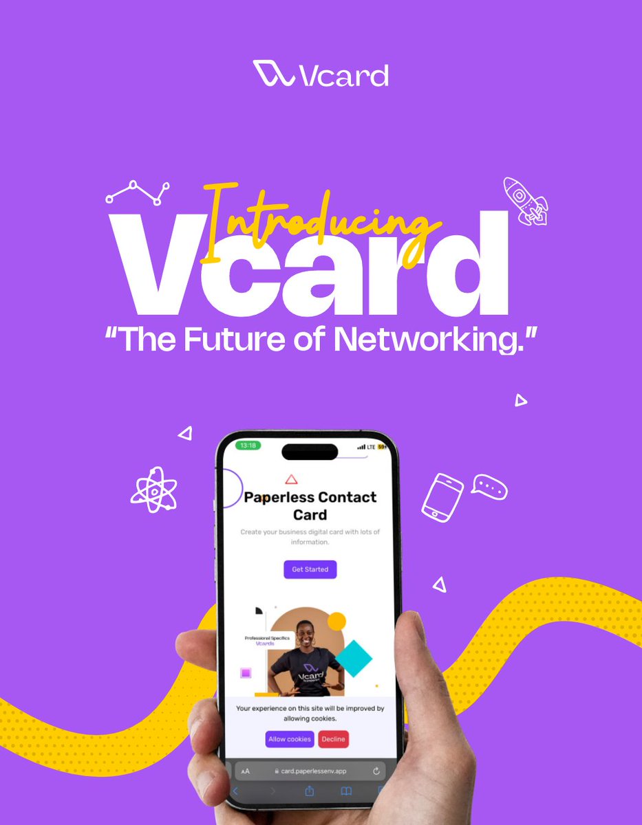 Vcard_env's tweet photo. Meet VCard - The future of networking. 

No more paper, no more hassle, just seamless digital connections.

Get Started with VCard now!

#upgradeyournetwork #digitalnetworking #smartconnections #nextgennetworking #Paperless https://t.co/QXb8QbpD4j