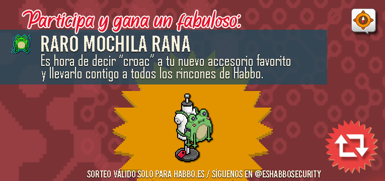 📣Participa y gana el maravilloso "RARO Mochila Rana"🐸💞 en la comunidad de <a href="/ESHabbo/">Habbo ES/MX</a>🏨 
✅Requisitos para concursar:
▪️ Repostea y haz "Me gusta" en este post🔃
▪️ Sigue a <a href="/ESHabboSecurity/">HabboSecurity</a>
▪️ Etiqueta a 2⃣ amigos de la comunidad

⏰Sorteo disponible hasta las 23:59 (HPE) del