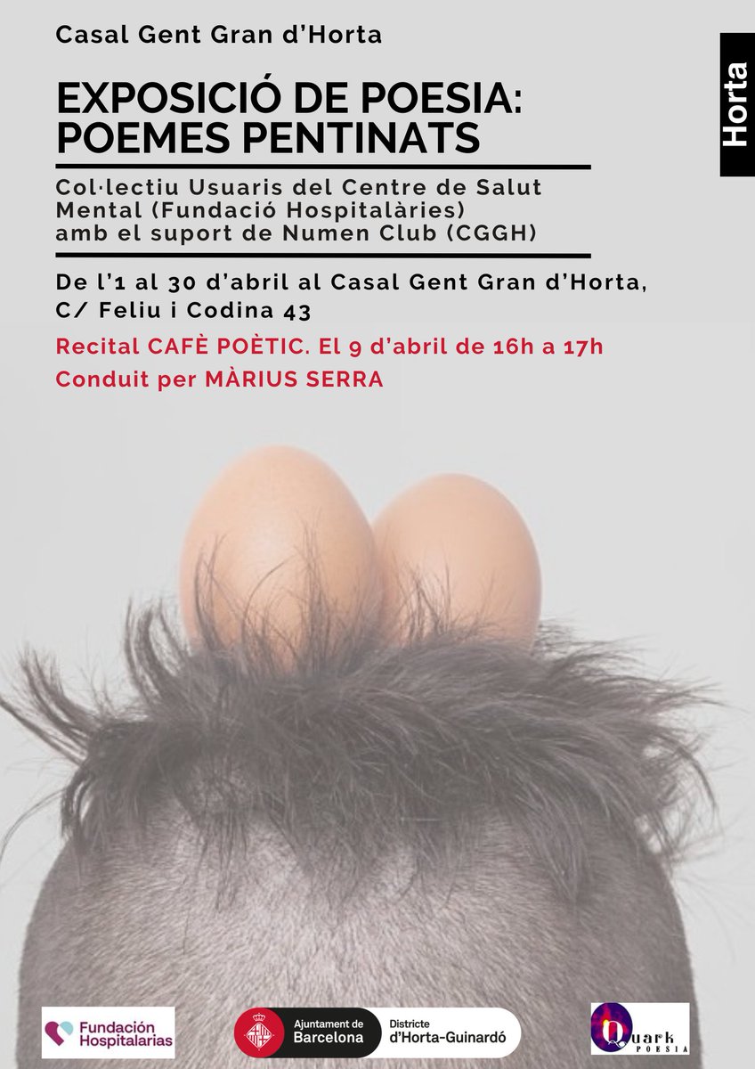 ✨ Aquest abril, la poesia pren forma a l'exposició "Poemes Pentinats"!

📅 De l’1 al 30 d’abril
📍 Casal Gent Gran d’Horta

📢 I el 9 d’abril a les 16h, no et perdis el Recital Cafè Poètic, conduït per Màrius Serra! ☕📖

#SalutMental #Poesia #Barcelona #Horta