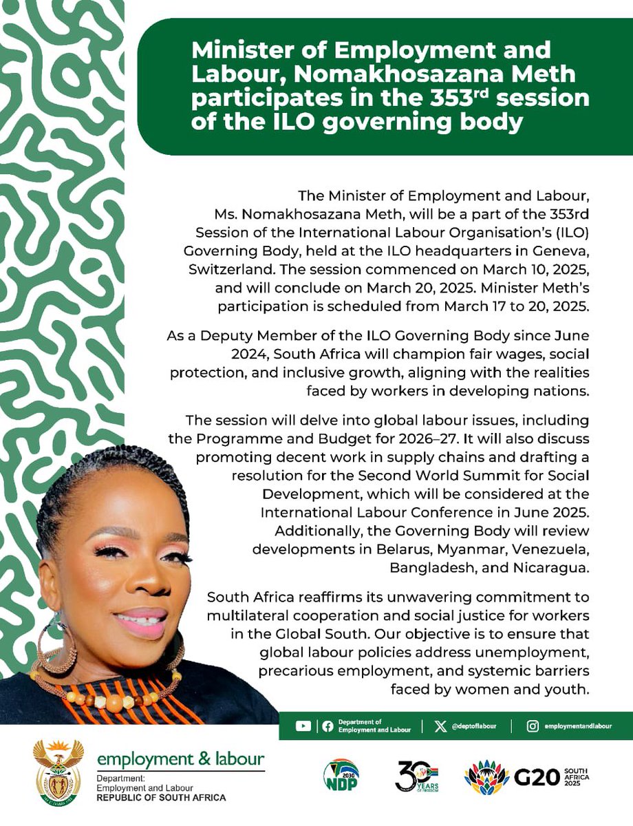 Department of Employment and Labour (@deptoflabour) on Twitter photo Minister of Employment and Labour, <a href="/Meth_Khosi/">Nomakhosazana Meth</a> participates in the 353rd session of the <a href="/ilo/">International Labour Organization</a> governing body
#Yazini #ServicedeliveryZA #GovZAUpdates Minister of Employment and Labour, <a href="/Meth_Khosi/">Nomakhosazana Meth</a> participates in the 353rd session of the <a href="/ilo/">International Labour Organization</a> governing body
#Yazini #ServicedeliveryZA #GovZAUpdates