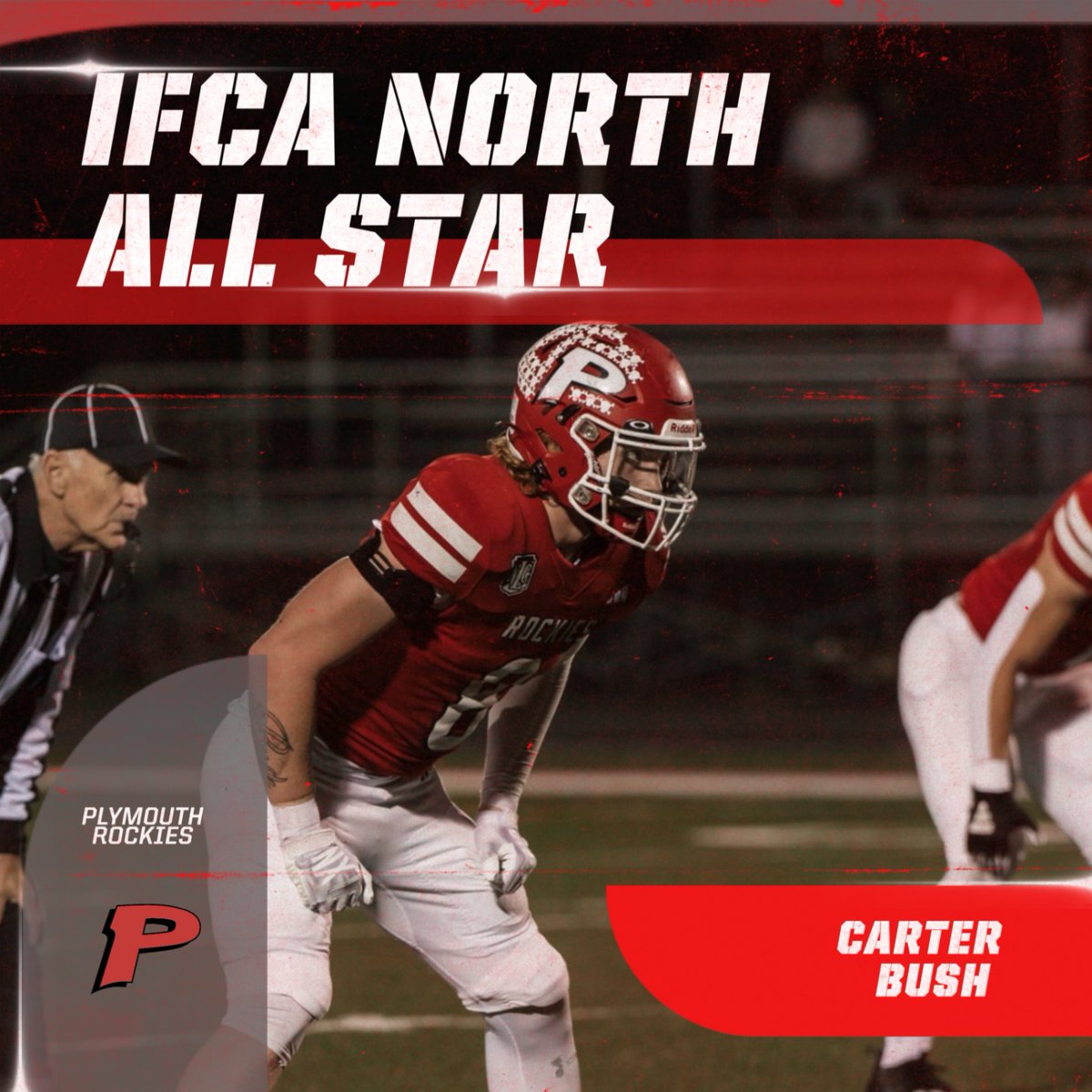 PlymouthRockies's tweet photo. Congrats to Carter Bush who has been selected to the IFCA North All Star Team! Carter will represent Plymouth on July 11th at Decatur Central High School! This is an incredible honor and can't wait to watch him play one more time!! #UniteAndThrive https://t.co/YJlrwB6WDq