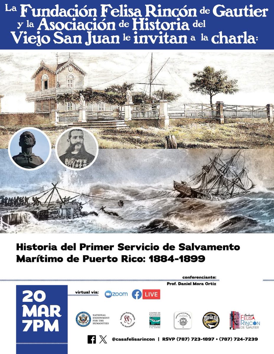 Fund.Felisa Rincón (@museofelisa) on Twitter photo Este jueves 20 de marzo 7:00pm.
Charla- Historia del Primer Salvamento Marítimo de Puerto Rico:1884-1899
con el Mtro. Daniel Mora Ortiz
Para enlace de Zoom puede enviar correo electrónico a museofelisa@hotmail.com
**Charla será virtual**
¡Le esperamos! Este jueves 20 de marzo 7:00pm.
Charla- Historia del Primer Salvamento Marítimo de Puerto Rico:1884-1899
con el Mtro. Daniel Mora Ortiz
Para enlace de Zoom puede enviar correo electrónico a museofelisa@hotmail.com
**Charla será virtual**
¡Le esperamos!