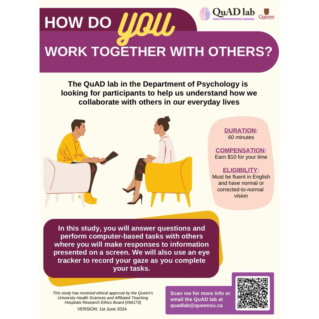 Quadlaboratory's tweet image. Interested in how we interact with others? Sign up to participate in this engaging study from the QuAD lab and earn $10: forms.office.com/r/Jt4xgTuEGX