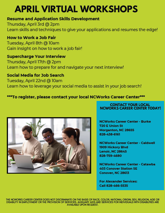 WPWorkforceDev's tweet photo. #MakeItHappenMonday
There are a lot of amazing events taking place this week in our local area! Please feel free to share!
#NCWorks #westernpiedmontworks #jobsearch #jobs #careers #jobfair #recruitmentevent #virtualworkshops https://t.co/veiHdXwgVR