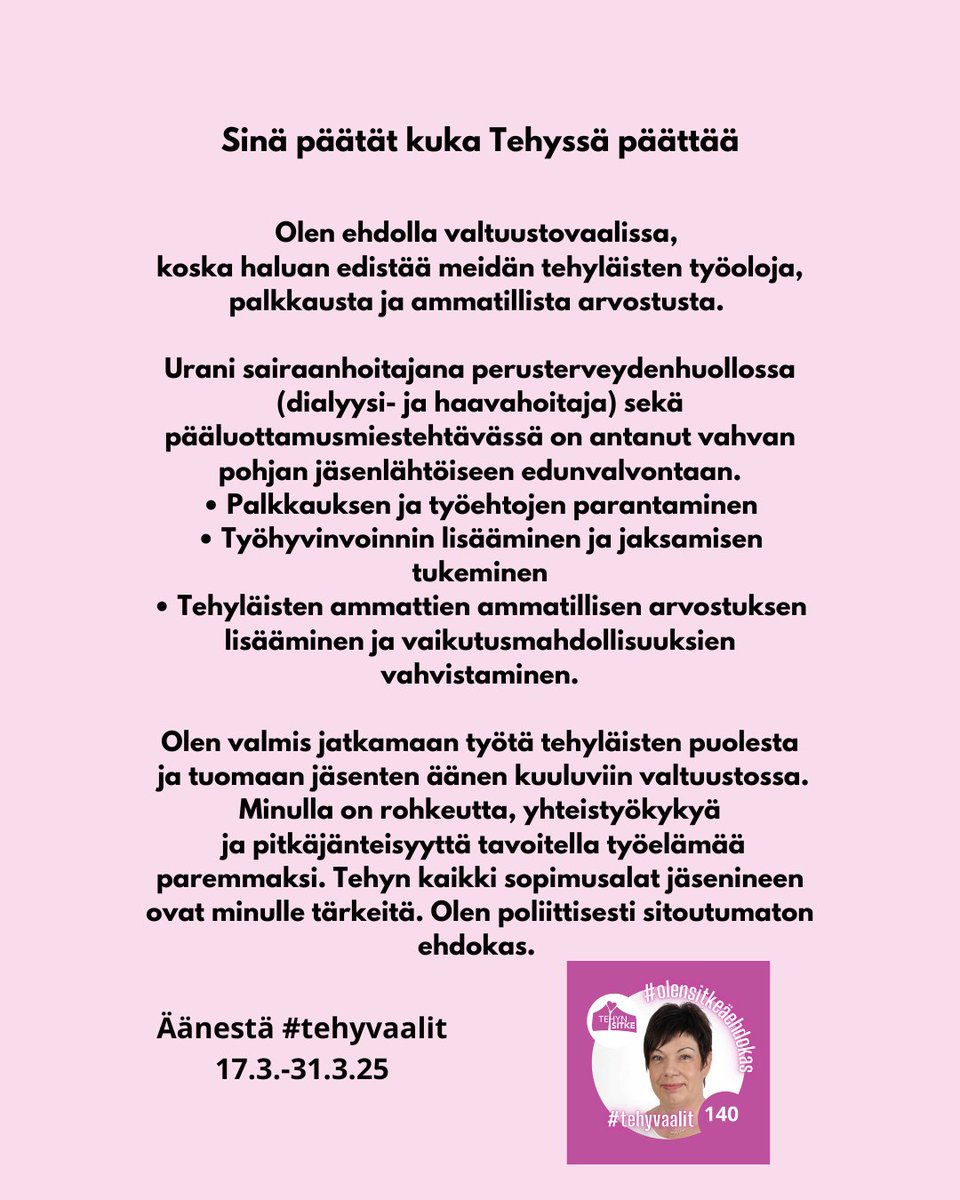 Tänään pääsee Tehyläiset äänestään siitä kuka Tehyssä päättää🔥

Koordinoiva pääluottamusmies ja sairaanhoitaja, jolla kokemusta Tehyläisenä päättäjänä, minua voi äänestää numerolla 140.

#tehyvaalit