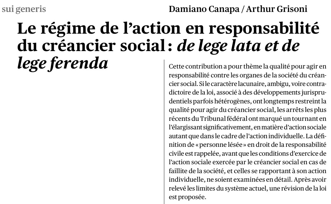 Nouvelle Publication: Le régime de l'action en responsabilité du créancier social : de lege lata et de lege ferenda (de Damiano Canapa et Arthur Grisoni): doi.org/10.21257/sg.273