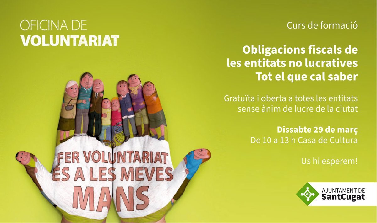 📣 ATENCIÓ!   

🗓️Dissabte 29 de març

Al '<a href="/Ofvoluntariatsc/">Oficina Voluntariat</a> organitzem un curs de #formació sobre les #obligacionsfiscals de les #entitats sense ànim de lucre de #SantCugat!  
  
⌚️de 10 a 13h 
📌A la Casa de Cultura 
 
Obert i gratuït!   
Inscripcions 👉forms.gle/vLqbLiDrUCbYFb