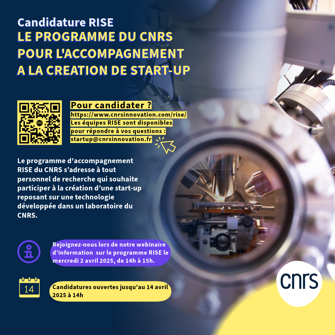 SPVR - Poitiers (@spvr_poitiers) on Twitter photo {Appel à candidatures}
Le CNRS ouvre l'appel 2025 du programme #RISE pour l'accompagnement à la création de #startup
Candidature à déposer d'ici le 14 avril 📆 sur ce lien : cnrsinnovation.com/rise/
Notre pôle Innovation peut vous aider dans le montage !
<a href="/DR08_CNRS/">CNRS Centre Limousin Poitou Charente</a> {Appel à candidatures}
Le CNRS ouvre l'appel 2025 du programme #RISE pour l'accompagnement à la création de #startup
Candidature à déposer d'ici le 14 avril 📆 sur ce lien : cnrsinnovation.com/rise/
Notre pôle Innovation peut vous aider dans le montage !
<a href="/DR08_CNRS/">CNRS Centre Limousin Poitou Charente</a>