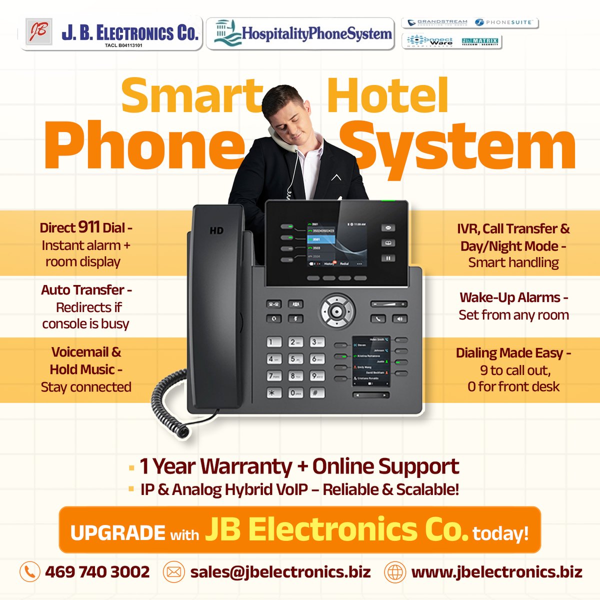 JBelectronicsco's tweet photo. Smart solutions for smart hotels! 📞 Upgrade your hotel's communication with JB Electronics Co. – featuring direct 911 dialing, auto transfer, wake-up alarms, and seamless call handling. Reliable, scalable, and backed by a 1-year warranty.
#SmartCommunication #JBElectronics https://t.co/GrJqmP9gvw