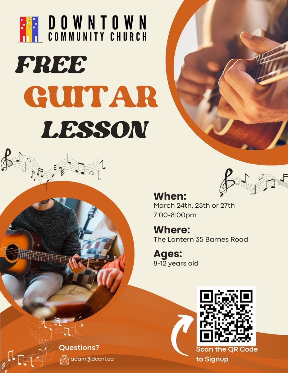 Dccnl1's tweet photo. We will be offering free guitar lessons at The Lantern next week. Scan the code and register for the evening that works for you! #downtownstjohns #lovedowntownstjohns https://t.co/oIGyTYp7Lw