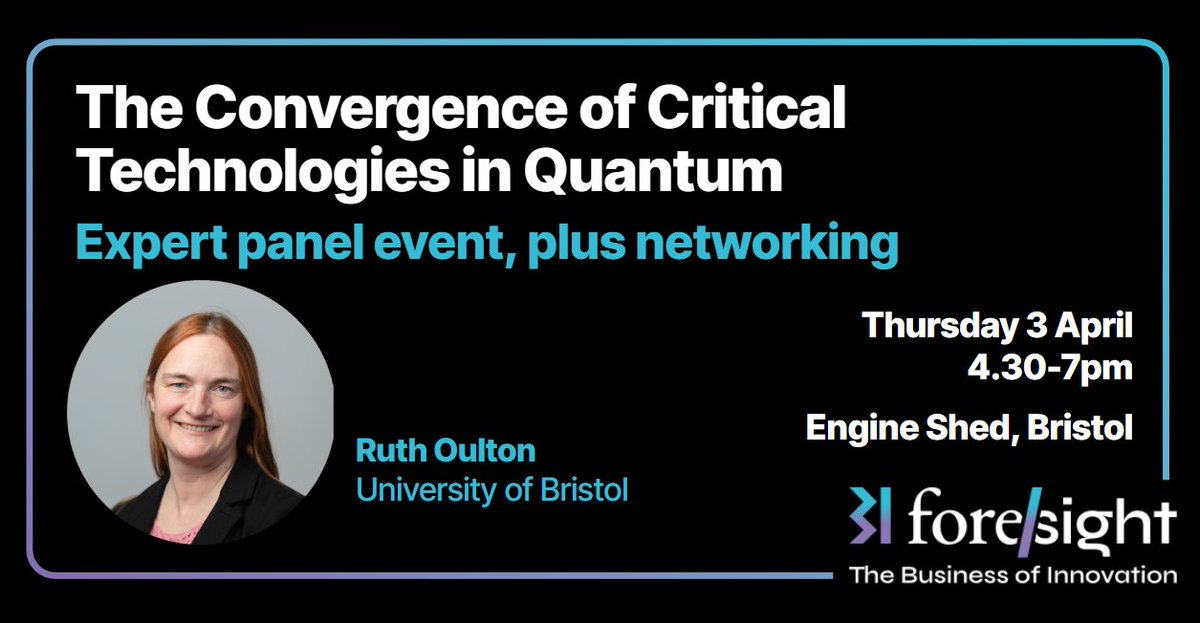Bristol Innovations (@bristolinnov) on Twitter photo We're pleased to announce Ruth Oulton, Professor of Quantum Photonics at <a href="/BristolUni/">University of Bristol</a>, as a panellist for The Convergence of Critical Technologies in Quantum.
Join us on 3 April to discuss the challenges & opportunities driving innovation in quantum.
👉 bit.ly/41sYT1L We're pleased to announce Ruth Oulton, Professor of Quantum Photonics at <a href="/BristolUni/">University of Bristol</a>, as a panellist for The Convergence of Critical Technologies in Quantum.
Join us on 3 April to discuss the challenges & opportunities driving innovation in quantum.
👉 bit.ly/41sYT1L