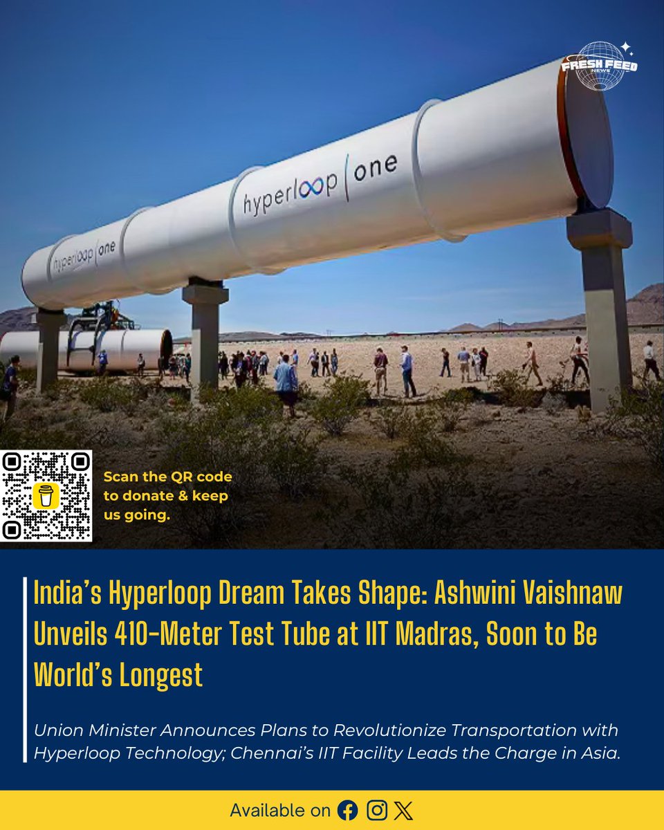 freshfeed_news's tweet image. India’s 410-meter Hyperloop test tube at IIT Madras to be world’s longest! Ashwini Vaishnaw unveils the future of transportation. #HyperloopTestTrack #AshwiniVaishnaw