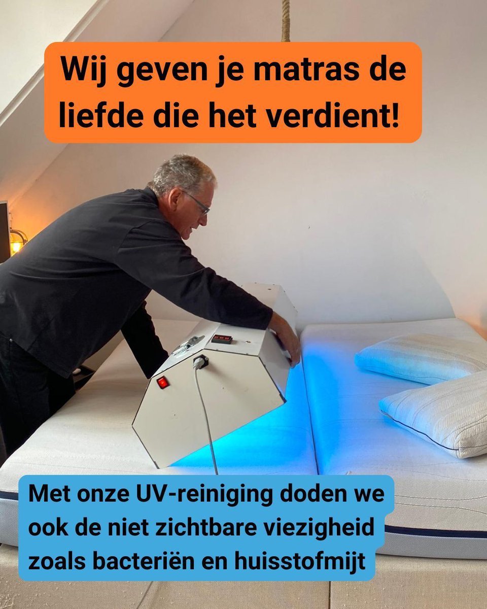 DokterBed's tweet photo. Je matras is niet altijd zo schoon als hoe het eruit ziet… Gelukkig geven wij het graag de zorg die het écht nodig heeft! Ontdek hoe wij bacteriën en huisstofmijt te lijf gaan met onze UV-reiniging. https://t.co/OUcHLOh3wq