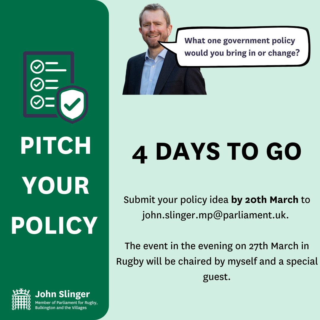 John Slinger MP (@johnslinger) on Twitter photo ⏳ 4 days to go!
If you’re 14 to 21, this is your chance to have your say! Share your idea, answer questions, and let the audience vote.
📝 Submit by March 20: john.slinger.mp@parliament.uk
The winning idea will be championed in Parliament! ⏳ 4 days to go!
If you’re 14 to 21, this is your chance to have your say! Share your idea, answer questions, and let the audience vote.
📝 Submit by March 20: john.slinger.mp@parliament.uk
The winning idea will be championed in Parliament!