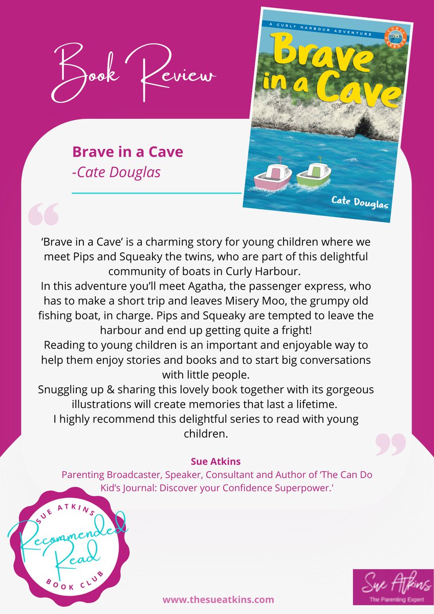 Delighted to share my book review of Brave in a Cave by one of our talented authors, Cate Douglas.

This charming tale takes young readers on an adventure in Curly Harbour, where twin boats Pips and Squeaks venture beyond safety and learn a valuable lesson about bravery. With