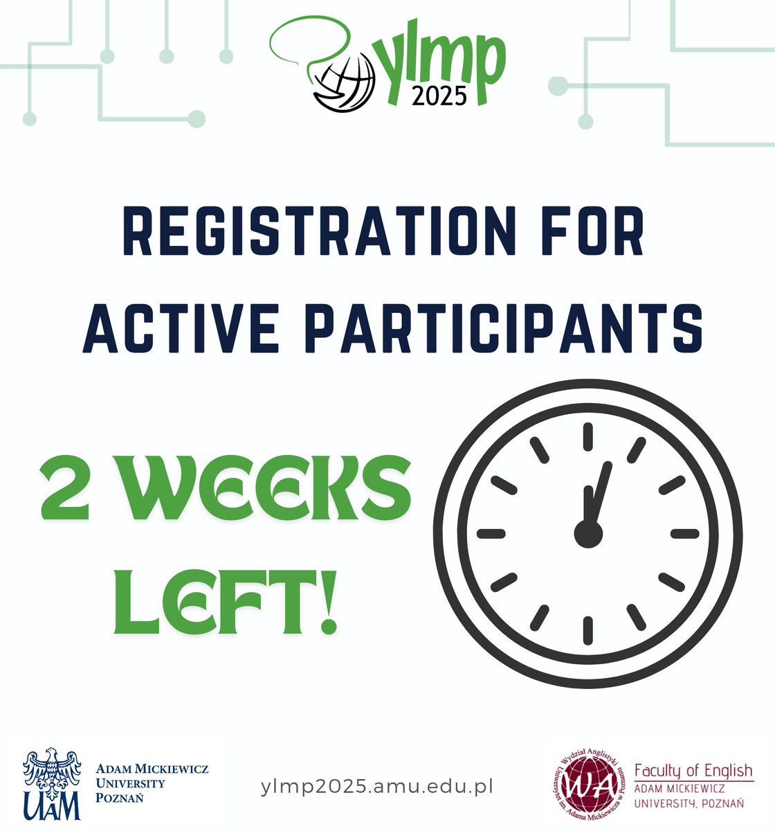 CongressYlmp's tweet photo. 🗓️ Only two weeks left to register for active participation in the YLMP2025 conference!

ℹ️ More information is available here: https://t.co/Wf9oelKM0T https://t.co/hSle3gDOF6