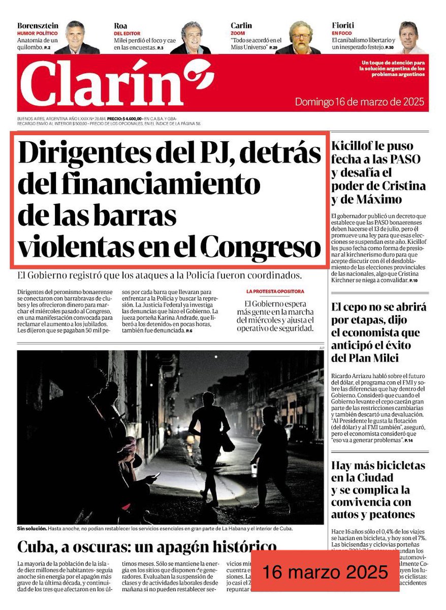 p_justicialista's tweet photo. Comunicado del Partido Justicialista 

El Partido Justicialista alerta sobre la desvergonzada campaña de desinformación y mentiras que en los últimos días lleva adelante el monopolio Clarín contra sectores del peronismo.

Dicha campaña busca encubrir la responsabilidad del gobierno nacional y, en particular, de la ministra de Seguridad, Patricia Bullrich, en la represión ilegal contra jubilados, fotógrafos y ciudadanos en general que se manifestaron el miércoles pasado frente al Congreso de la Nación.

Este alineamiento sin fisuras entre las mentiras que Clarín publica en sus tapas y el relato oficial desplegado luego de la represión tiene lugar en el mismo momento en que el grupo empresario busca quedarse con Telefónica, hecho que le permitiría consolidar un monopolio absoluto en el sector de las telecomunicaciones.

Tampoco puede escapar al más elemental criterio, la actitud del gobierno nacional, incluido el propio Javier Milei y su ejercito de trolls, que pasaron de postear en X “Clarín la gran estafa argentina” y vociferar a los cuatro vientos que no iban a permitir ni autorizar la fusión, a un repentino silencio, casi a nivel de mudez, que ya no deja margen a las dudas o especulaciones. 

El Gobierno está negociando con Clarín la autorización de la adquisición de Telefónica, que lo convertirá en un monopolio absoluto. Lo mismo que hizo Macri cuando autorizó la compra de Telecom y Nextel durante su gestión. 

En los últimos 10 años le fue muy mal a los argentinos, pero a Clarín le fue excelente. Una verdadera década ganada que termina con la suma de Telecom y Telefónica.