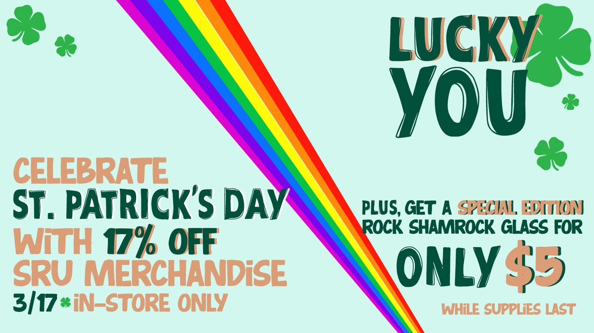 Happy St. Patrick's Day! ☘️🌈

Stop in for our first-ever Duck Hunt! Like our annual Easter Egg Hunt, find a duck in the Bookstore and win a prize, it's that easy! 

Plus, celebrate with 17% OFF all SRU merchandise! Because green is the best color in our totally unbiased opinion.