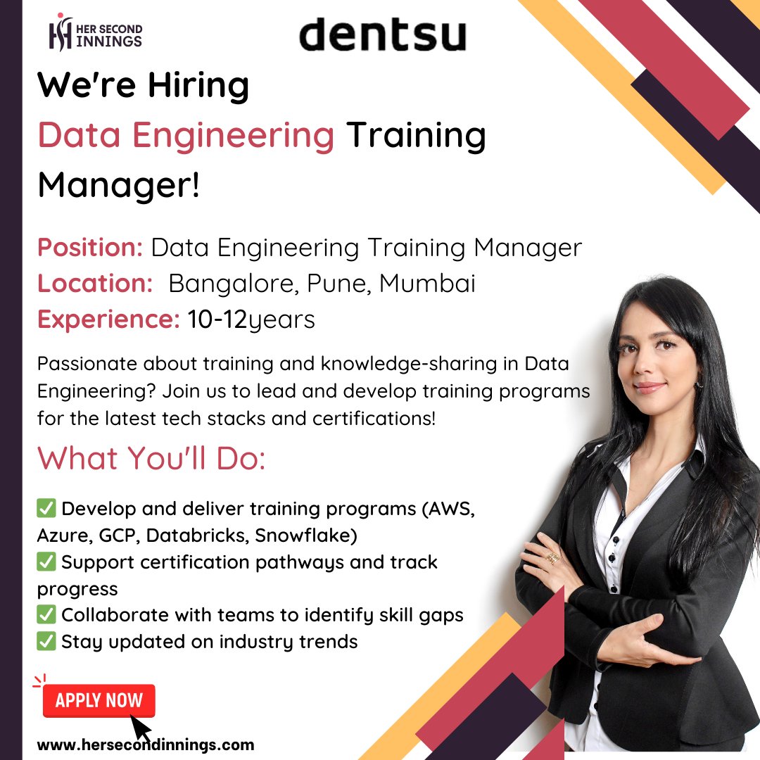 her2nd_innings's tweet image. 🚀 We're Hiring: Data Engineering Training Manager! 🎓💡

Click here:hersecondinnings.com/job-details/?j…

#Hiring #DataEngineering #TrainingManager #TechTraining #CloudCertifications #CareerGrowth #LearningAndDevelopment