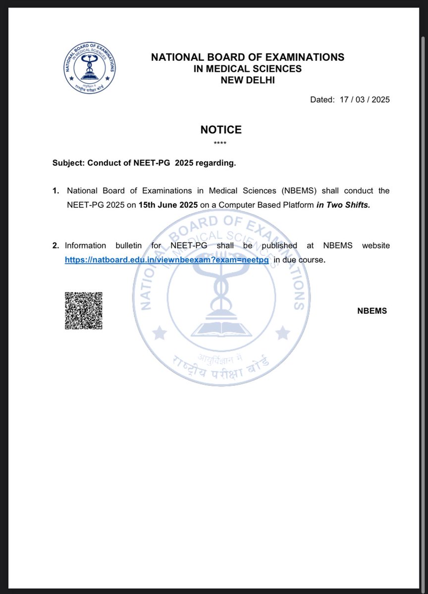 shriya1996_'s tweet photo. THE WAIT IS OVER!

NEET PG 2025 scheduled for June 15th!

Two shifts, one goal: CRUSH IT! 
Get prepared, Gear up, focus and make it happen!! 
🤞

#neetpg2025 #NEETPG25 #15thjune 
#MedTwitter https://t.co/a8QGNhhjVs