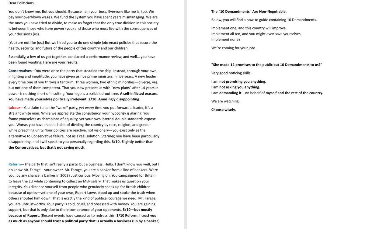 Your performance review is here. <a href="/UKLabour/">The Labour Party</a> <a href="/reformparty_uk/">Reform UK</a> <a href="/Nigel_Farage/">Nigel Farage MP</a> <a href="/KemiBadenoch/">Kemi Badenoch</a>  special shout out to <a href="/RupertLowe10/">Rupert Lowe MP</a> - none of our criticisms are directed at you.