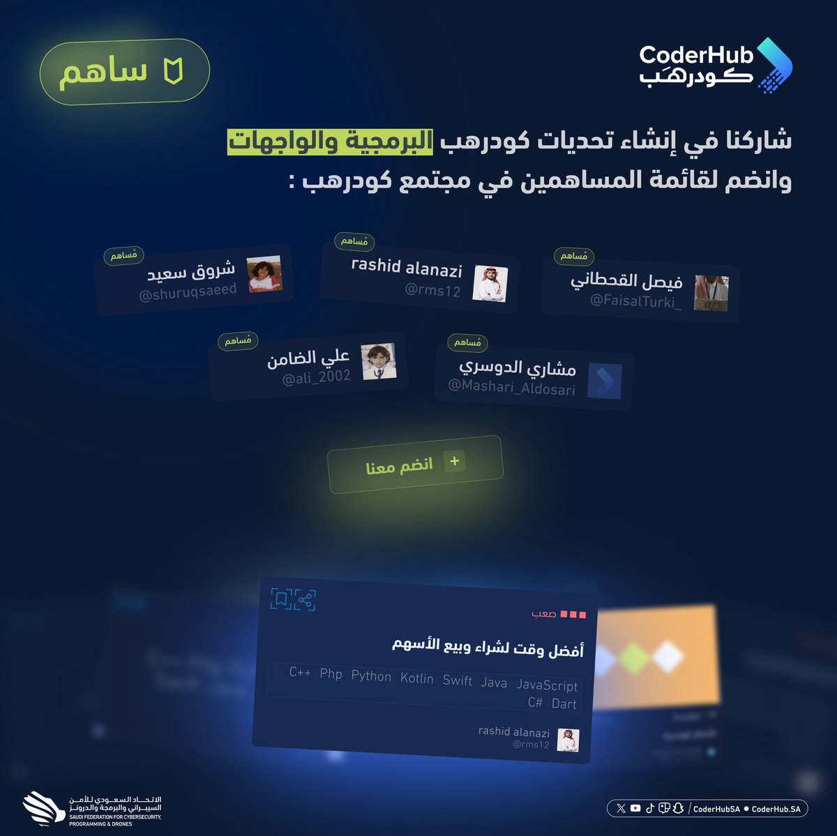 فيصل وراشد  وشروق ومشاري وعلي وغيرهم مساهمين معنا في #كودرهب 
والفرصة متاحة لك بعد تكون من مساهمينا😎🔥🔥

للمساهمة:
docs.google.com/forms/d/e/1FAI…
