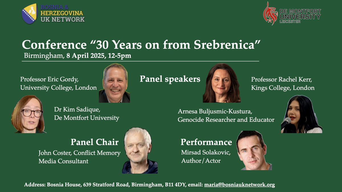 Dr Kim Sadique (@ksadique1) on Twitter photo First of a number of FREE conferences to mark the 30th anniversary of the Srebrenica genocide. Topics covered include: child survivor experiences, women's bodies as sites of gendercide, transitional justice and MORE. To reserve a place, email: maria@bosniauknetwork.org First of a number of FREE conferences to mark the 30th anniversary of the Srebrenica genocide. Topics covered include: child survivor experiences, women's bodies as sites of gendercide, transitional justice and MORE. To reserve a place, email: maria@bosniauknetwork.org