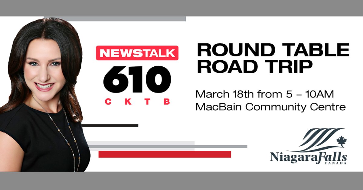 Join us on Tuesday, March 18 as we go live with host
<a href="/Steph_Vivier/">Steph Vivier</a> on <a href="/610CKTB/">610 CKTB</a> from the MacBain Community Centre for the #RoundtableRoadTrip!

Tune in to 610 CKTB on AM radio or online from 5 to 10 am to hear City Staff discuss key projects and initiatives throughout Niagara
