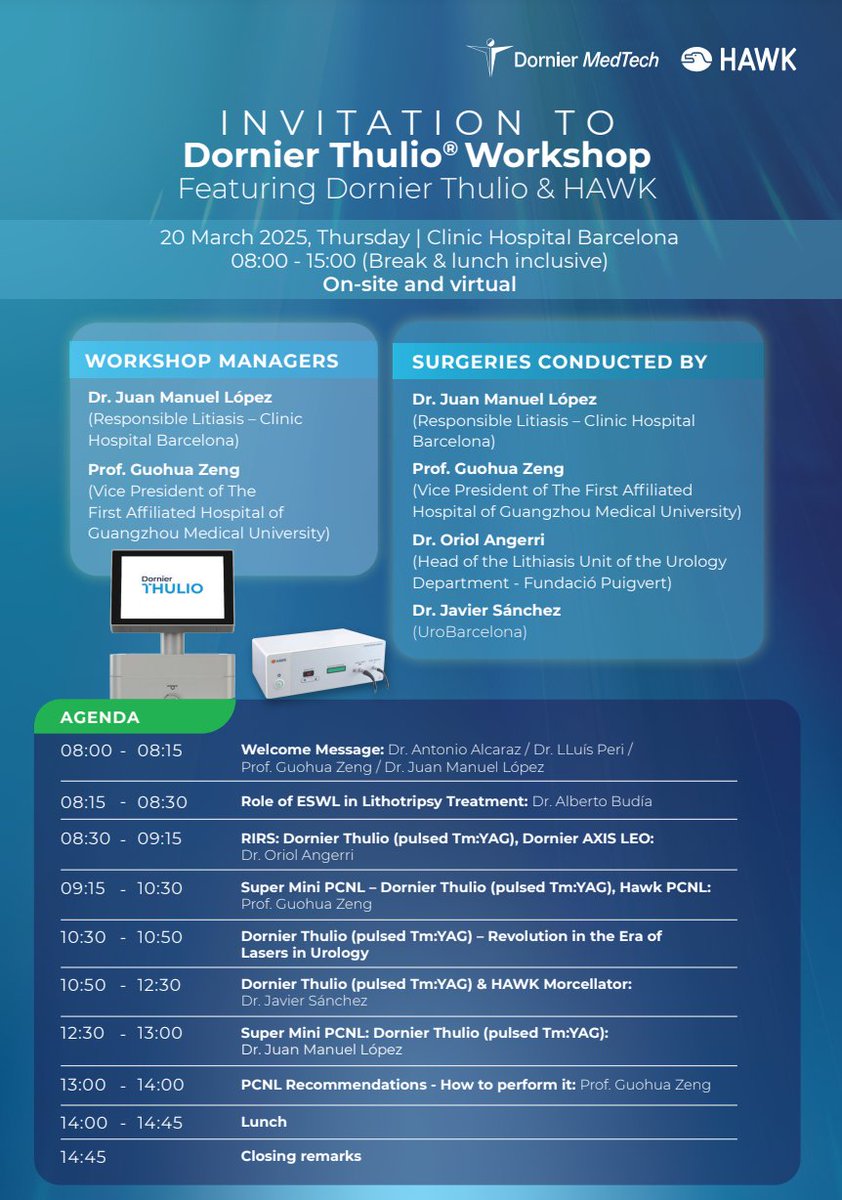 🚨We’re hosting a course on #lasertreatment in <a href="/hospitalclinic/">Hospital Clínic</a>. Join us for expert insights &amp; live surgical procedures.

📅 20th March 2025
💻Available both in-person &amp; online! 
🔗Join here: [clinic.zoom.us/j/96316672143]

Don’t miss it!

#Urology #RenalStones #MedicalCourse #Surgery