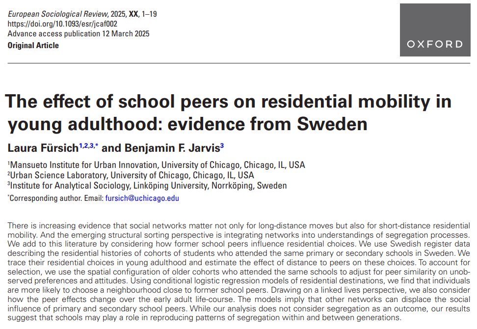 ESR (@esr_news) on Twitter photo 🔔New #OpenAccess
Do former school peers shape where people live as adults?
Using Swedish register data <a href="/laurafursich/">Laura Fürsich</a> <a href="/benfjarvis/">Benjamin F Jarvis</a> trace residential choices and find that proximity to old classmates matters—but other networks can displace their influence!
doi.org/10.1093/esr/jc… 🔔New #OpenAccess
Do former school peers shape where people live as adults?
Using Swedish register data <a href="/laurafursich/">Laura Fürsich</a> <a href="/benfjarvis/">Benjamin F Jarvis</a> trace residential choices and find that proximity to old classmates matters—but other networks can displace their influence!
doi.org/10.1093/esr/jc…