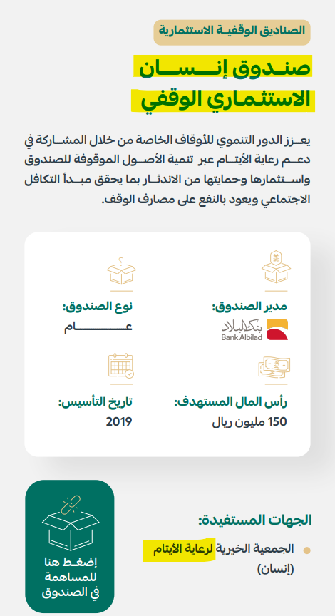 THEWOLFOFTASI's tweet photo. 🔴 في السعودية.. هناك 24 صندوق استثماري (وقفي)  يتجاوز صافي أصولها أكثر من نصف مليار ريال 💰

منها 24 صندوق عام و 7 صناديق خاصة.

جميع هذه الصناديق مرخصة من هيئة السوق المالية وتحت مراقبة واشراف من هيئة الأوقاف 🧐

من هذه الصناديق "صندوق إنسان الاستثماري الوقفي" وهو خاص برعاية الأيتام.

الهدف من الصندوق بحسب البلاد المالية:
- جمع التبرعات واستثمارها لصالح الجمعية الخيرية لرعاية الأيتام (إنسان).
- تنمية رأس المال.
- استدامة العطاء والأجر.
- توزيع نسبة من العوائد (غلة الوقف) بشكل سنوي ومستمر على دعم ورعاية الأيتام.
- تصرف الأرباح على برامج الجمعية الخيرية لرعاية الأيتام بمنطقة الرياض "إنسان" من خلال الجمعية.

🔴 للتبرع من خلال منصة أنسان:

https://t.co/Ld2gYehVy1
