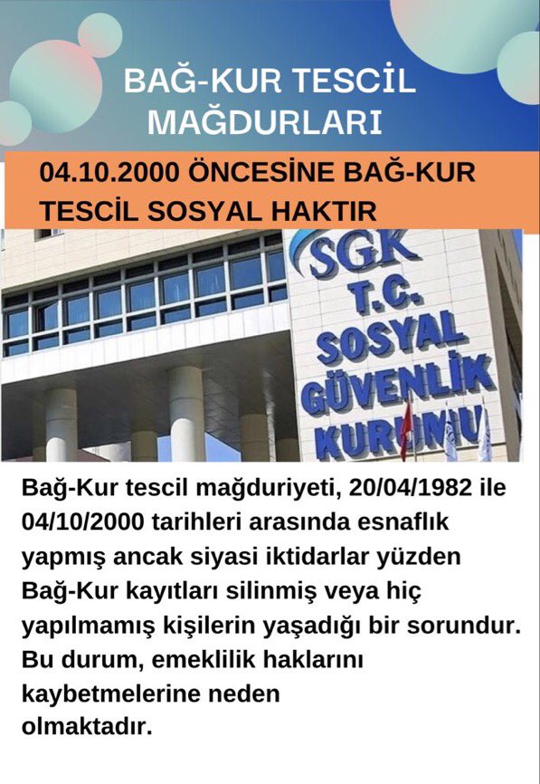 cengiz1 (@cengizztescil) on Twitter photo 20.04.1982-04.10.2000 tarihleri arasındaki mağduriyetler giderilmelidir❗️
🅰️ <a href="/BAGKURDERNEGI/">BAĞKUR VE EMEKLİLERİ DERNEĞİ (BAĞ-DER)</a>
Ayrıcalık değil, adalet İstiyoruz
☝️ 🟣 👇
🍀 #BağkurTescilMağdurları
<a href="/RTErdogan/">Recep Tayyip Erdoğan</a>
<a href="/Akparti/">AK Parti</a>
<a href="/MHP_Bilgi/">MHP</a>
<a href="/tcbestepe/">T.C. Cumhurbaşkanlığı</a>
<a href="/TBMMresmi/">TBMM</a>
<a href="/herkesicinCHP/">CHP 🇹🇷</a>
<a href="/eczserkansari/">Serkan Sarı 🇹🇷</a>
<a href="/bbpgenelmerkez/">BÜYÜK BİRLİK PARTİSİ</a>
<a href="/dbdevletbahceli/">Devlet Bahçeli</a> 20.04.1982-04.10.2000 tarihleri arasındaki mağduriyetler giderilmelidir❗️
🅰️ <a href="/BAGKURDERNEGI/">BAĞKUR VE EMEKLİLERİ DERNEĞİ (BAĞ-DER)</a>
Ayrıcalık değil, adalet İstiyoruz
☝️ 🟣 👇
🍀 #BağkurTescilMağdurları
<a href="/RTErdogan/">Recep Tayyip Erdoğan</a>
<a href="/Akparti/">AK Parti</a>
<a href="/MHP_Bilgi/">MHP</a>
<a href="/tcbestepe/">T.C. Cumhurbaşkanlığı</a>
<a href="/TBMMresmi/">TBMM</a>
<a href="/herkesicinCHP/">CHP 🇹🇷</a>
<a href="/eczserkansari/">Serkan Sarı 🇹🇷</a>
<a href="/bbpgenelmerkez/">BÜYÜK BİRLİK PARTİSİ</a>
<a href="/dbdevletbahceli/">Devlet Bahçeli</a>