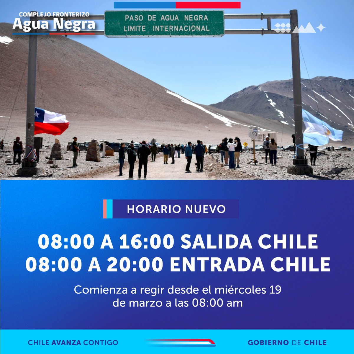 Atención a todas y todos los visitantes.
Tendremos nuevo horario de operación de nuevo complejo fronterizo #AguaNegra.