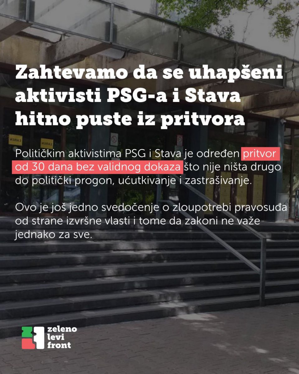 ❗️Hapšenja i određivanje tridesetodnevnog pritvora aktivistima Pokreta slobodnih građana i  organizacije Stav predstavlja još jedan primer zloupotrebe pravosudnog sistema zarad progona političkih neistomišljenika i ostvarivanja Vučićeve propagande da se protesti prikažu kao