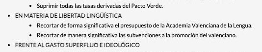 Article 6.5. de l’Estatut: “S’atorgarà especial protecció i respecte a la recuperació del valencià”.

Exigència de Vox per aprovar els pressupostos: “Recortar de manera significativa las subvenciones a la promoción del valenciano”.

I parlen de “llibertat lingüística”.